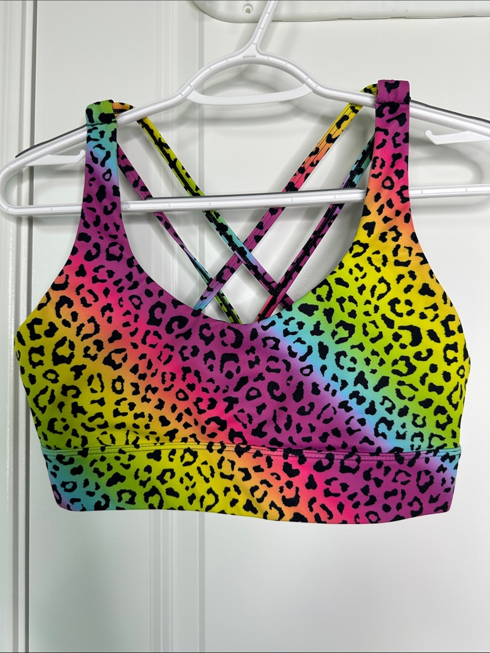 Neon Rainbow Leopard Print Light n Tight Strappy Sports Bra - Multicolor